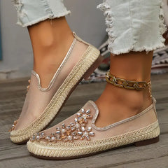 Rhinestone Floral Mesh Slip-On Flats