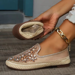 Rhinestone Floral Mesh Slip-On Flats